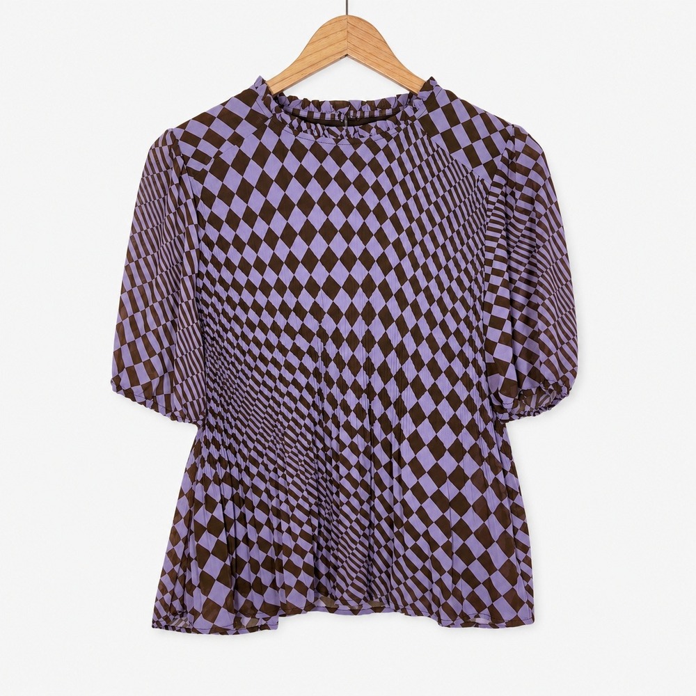 ICHI Womens Check Maximalist Top Size 38 US M Plisse Illusion Artsy Dopamine